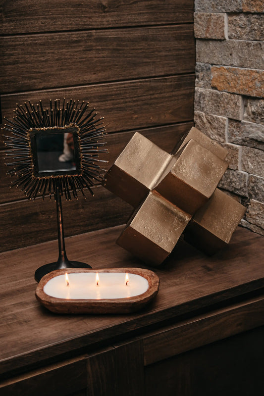 Rustic 3 Wick Wooden Dough Bowl Candle