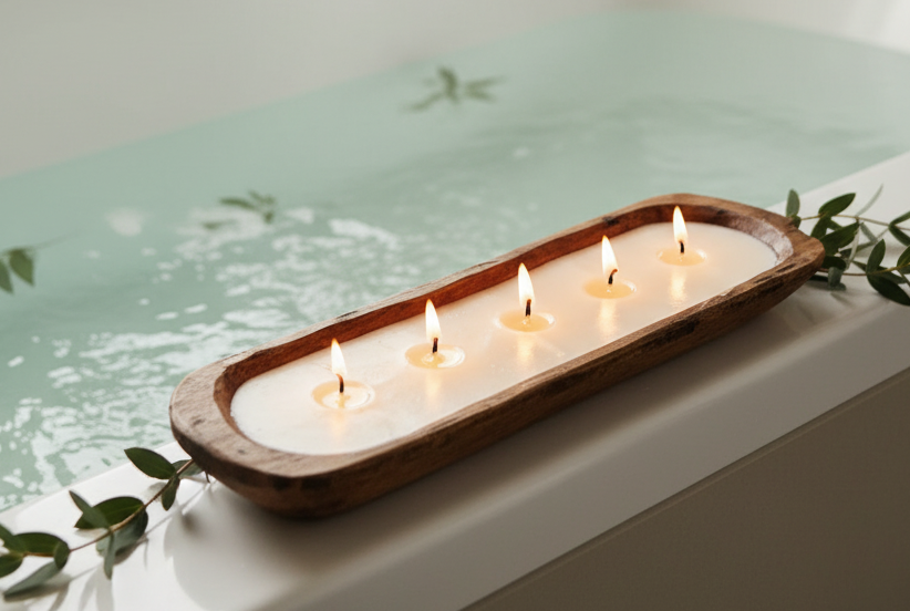 Rustic 5-Wick Wooden Dough Bowl Candle