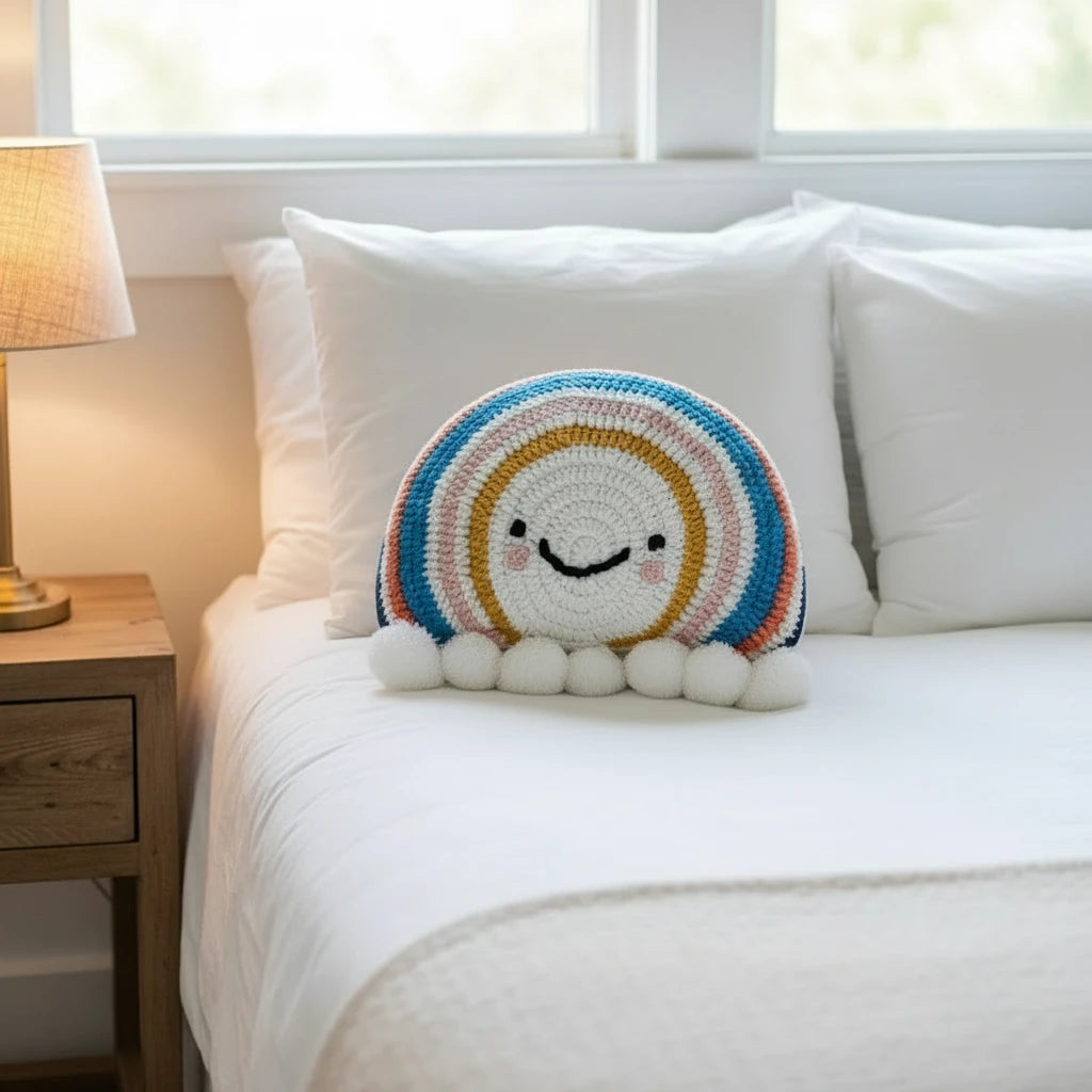 Decorative pillow with a smiley face design on a bed in a bright bedroom.