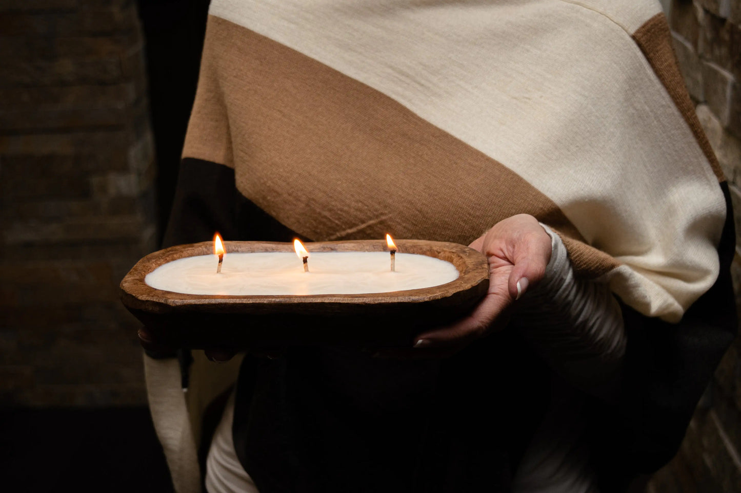 Rustic 3 Wick Wooden Dough Bowl Candle