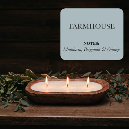 Rustic 3 Wick Wooden Dough Bowl Candle